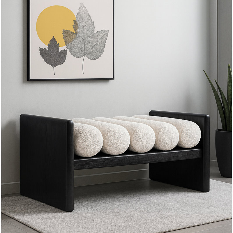 Banc en bois Boucle, H 18 po x l 32 po x P 19 po, Tissu crème bouclé / finition noire