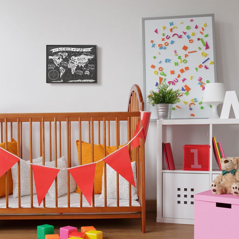 Décoration murale pour enfants world map Wincott, Giclée encadrée noir minuit, H 11 po x l 14 po x P 1,5 po
