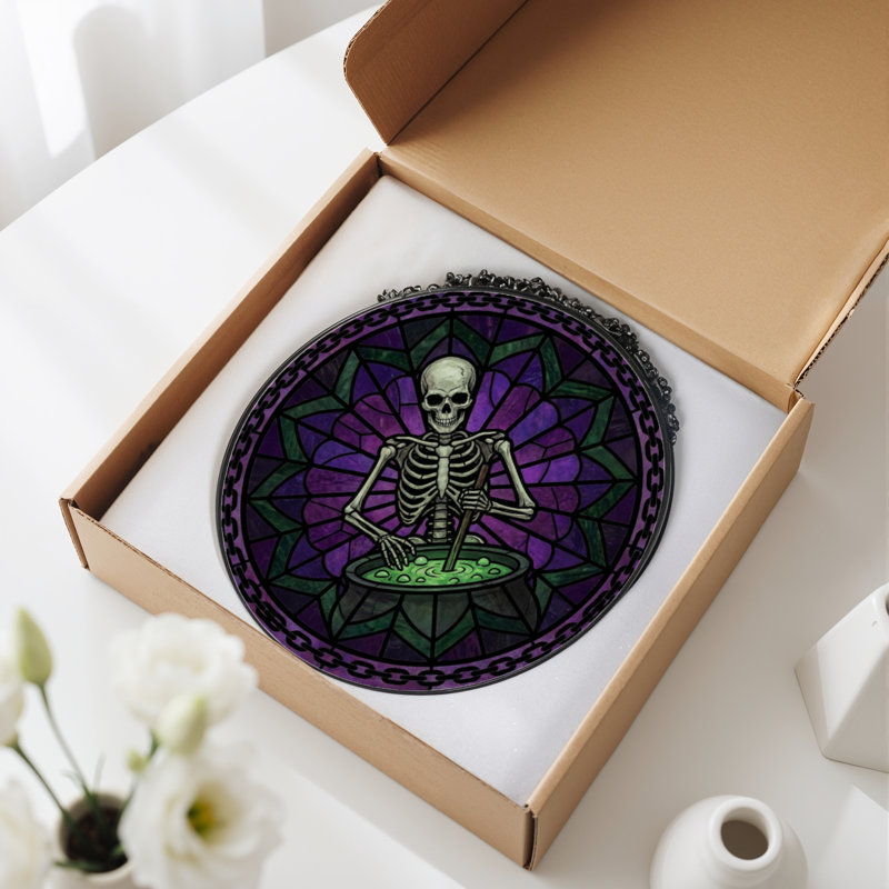 Panneau de vitrail en verre coloré 12 "H Skeleton Cauldron
