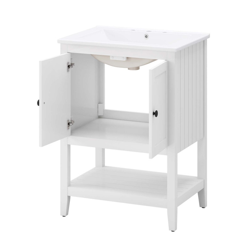 Lavabo de salle de bain moderne élégant en céramique avec tablette ouverte en bois massif, Blanc, 24"