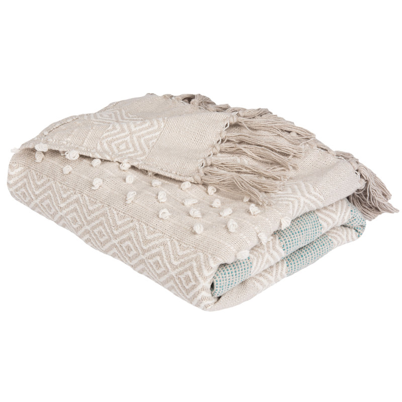 Beige & Teal Chevron Cotton Throw Blanket with Fringe