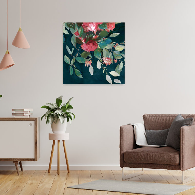 «Blossoms On Deep Green Canvas II», art mural contemporain abstrait, 24" H x 24" W