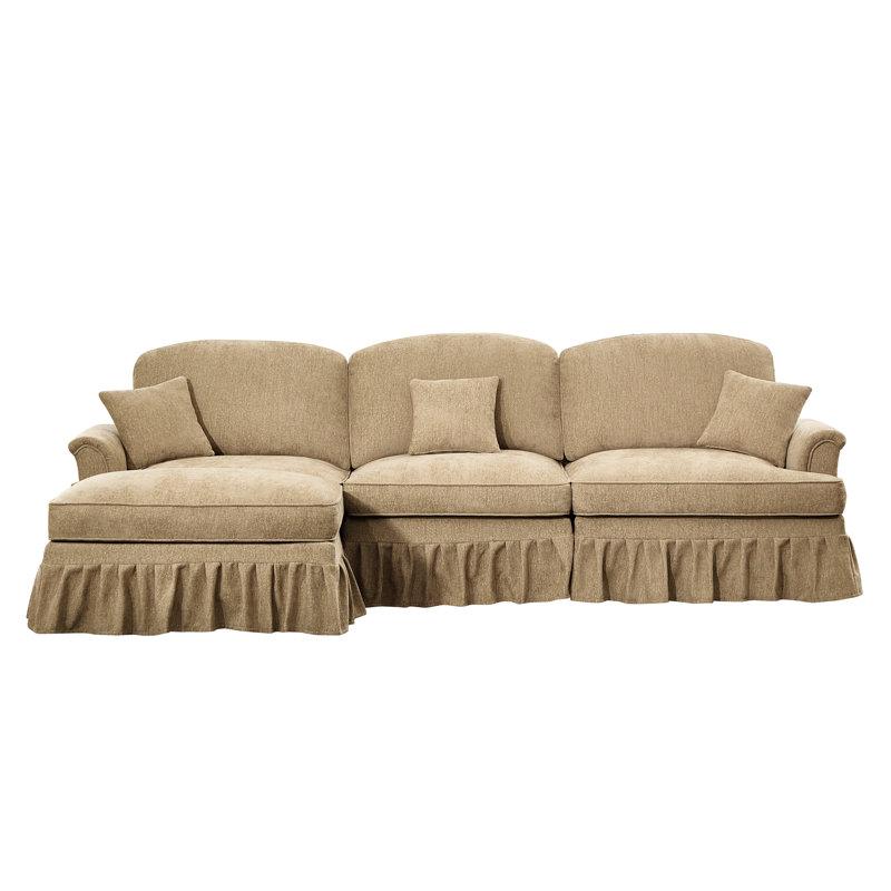 Mid Century Three Seater Modular L Shaped Sectional Couch With Flared Arms, Removable Ruffles Pleats Skirts, And Spindle Legs. Comfy Chenille 3 - Seat Deep Movable In Coffee, Offering Multiple