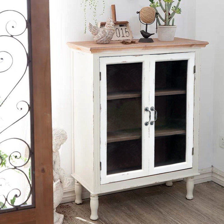 Distressed White Wood Storage Cabinet With 2 Glass Doors 3 Shelves Natural Wood Top