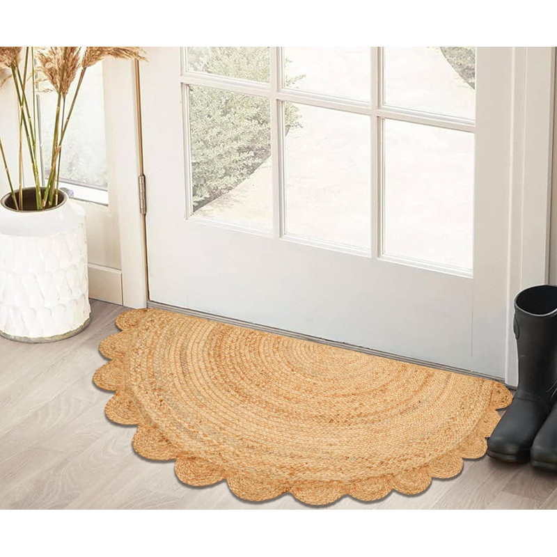 Half Hand-Woven Jute Rug - Braided Scalloped Border | 22x42" Natural | Living Room/Kitchen Decor