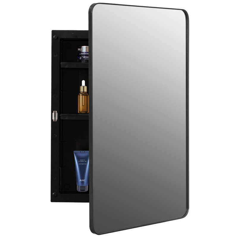 Armoire à pharmacie en plastique Mercer41 avec porte miroir à bord biseauté et cadre en métal de coin rond, Noir mat