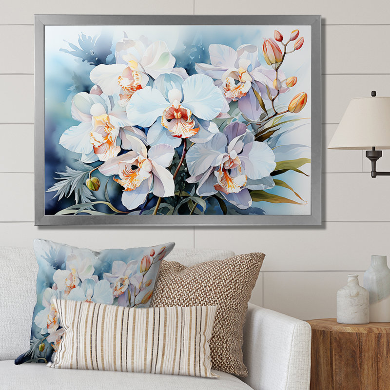 Orchidées grises sur la plage sur toile, H 12 po x l 20 po x P 1 po, Cadre simple argenté