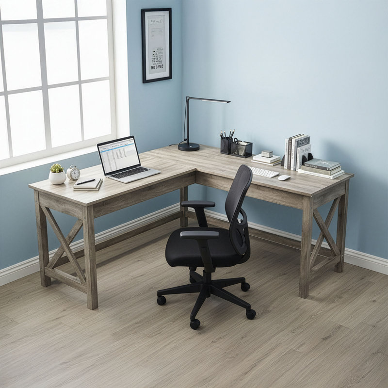 Lavish Home L-Shaped with X-Pattern Legs Computer Desk, Light Gray Finish, Light Gray