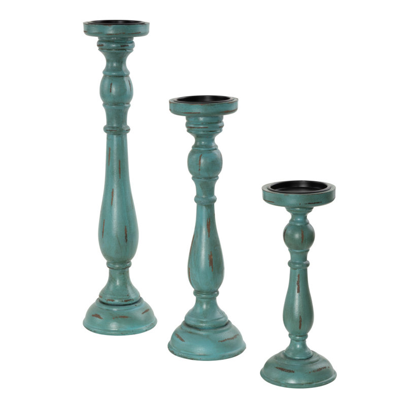 Wooden Distressed Turned Decorative Candle Holder Set, Blue