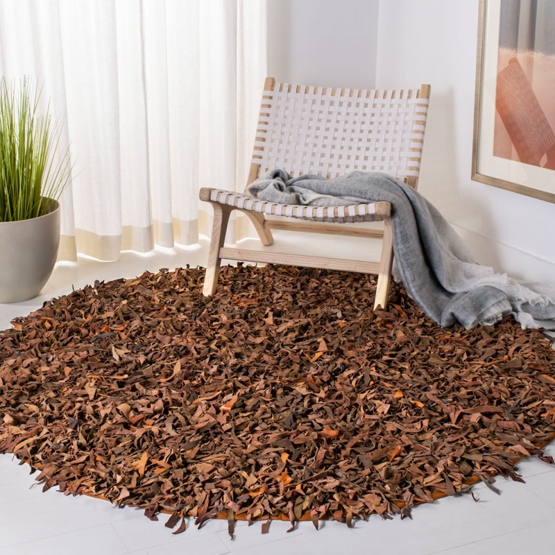 Tapis à poils longs brun cuir Assar, Rond 6 pi