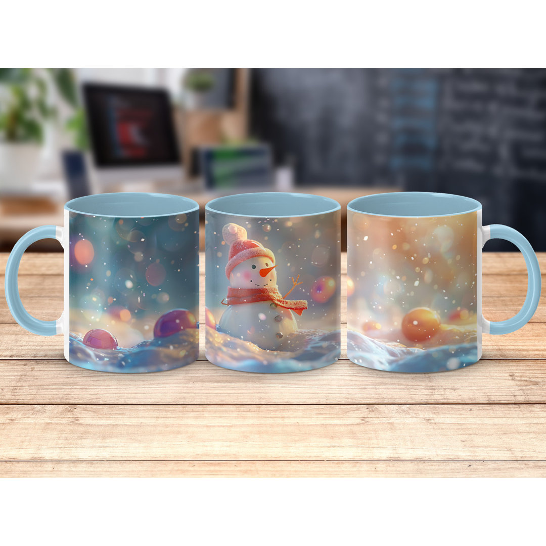 Set of 4 Colourful 3D Design 11oz Accent Mugs – White Ceramic Coffee Cups with a Light Blue Handle and Interior