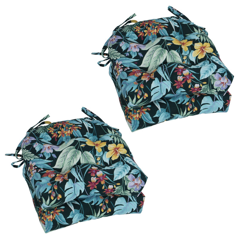 Coussins de chaise d'extérieur à dossier arrondi 16 pouces (ensemble de 4), Bleu / vert / floral sarcelle Carena