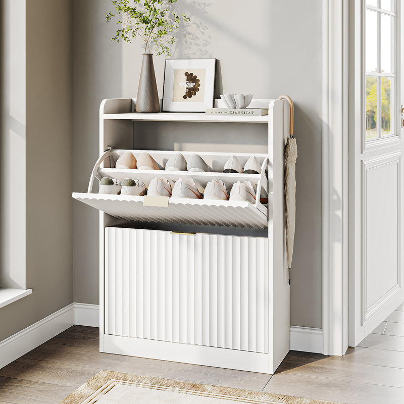 12 Pair Shoe Cabinet With 2 Flip Drawers, 4-Tier Shoe Organizer With Adjustable Shelves,White, White