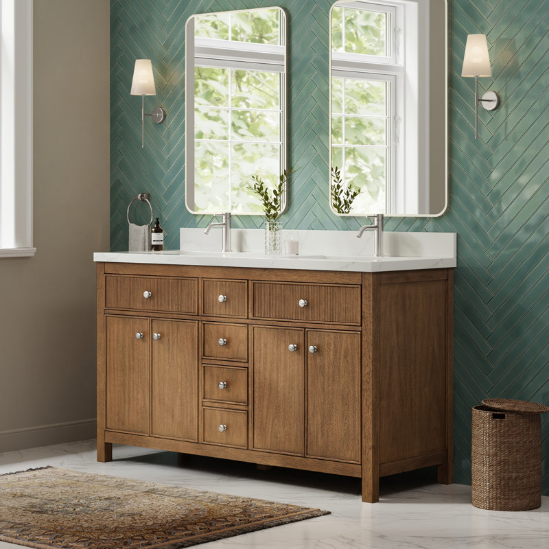 Meuble-lavabo double 60 po Rian en noyer grillé, comptoir en quartz Giotto, lavabos carrés encastrés (1 trou), garniture en nickel brossé