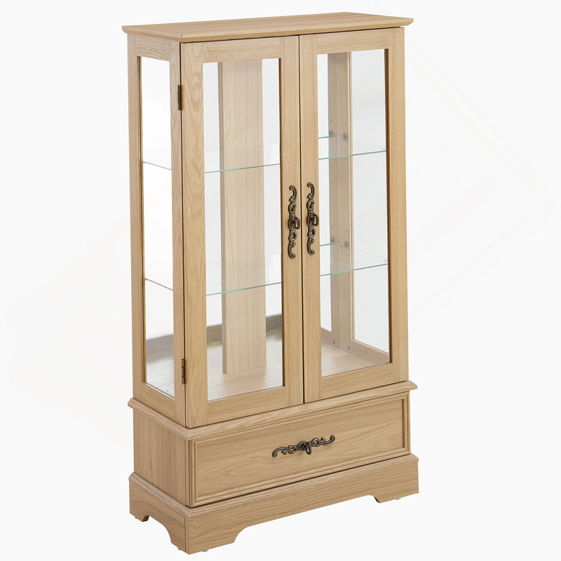 Glass Cabinet With Adjustable Shelves, 2 Doors & Drawer, Cherry, Oak