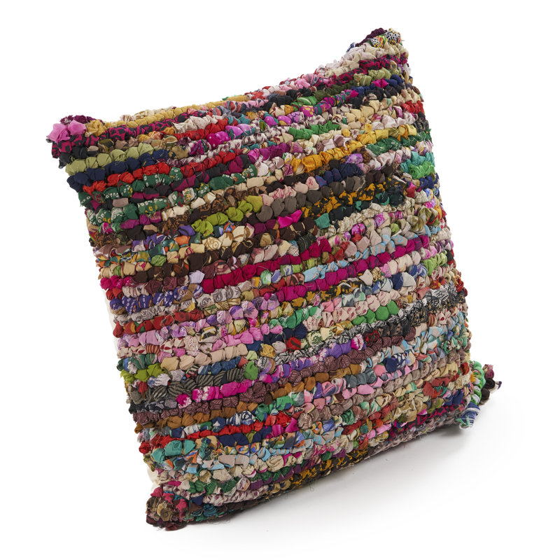 Multicolor Bohemian Striped Chindi Floor Pillow, 26" x 26"