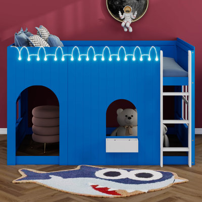 Lit mezzanine pour enfants avec guirlande lumineuse à DEL, barrière de sécurité, espace de jeu sous le lit