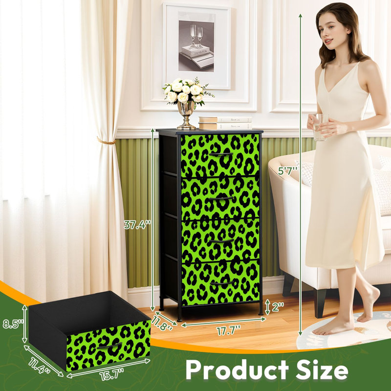 Commode à 4 tiroirs pour chambre à coucher à motif léopard audacieux vert, Vert