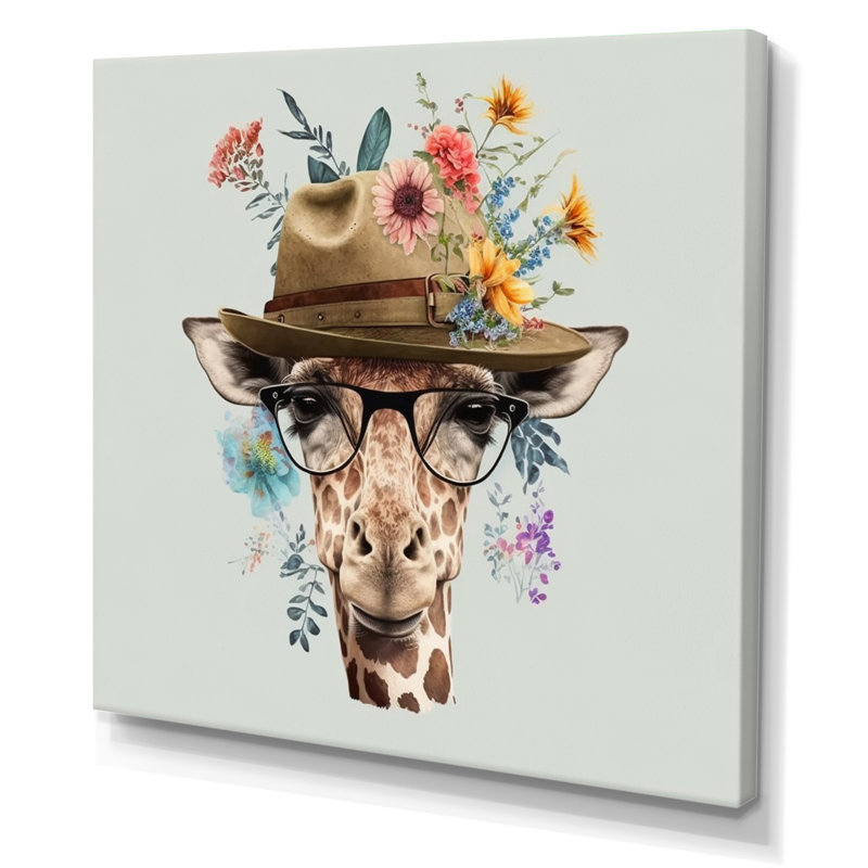 Portrait de girafe avec des lunettes et un chapeau I, H 16 po x l 16 po x P 1 po, Toile tendue