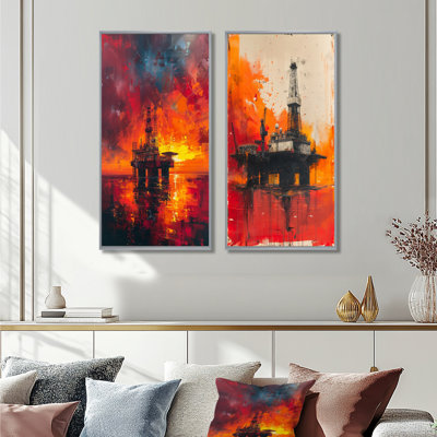 Red Orange Oil Rig Sunrise Rodeo I - Oil Rigs / Fields Wall Art 2 Pieces Set