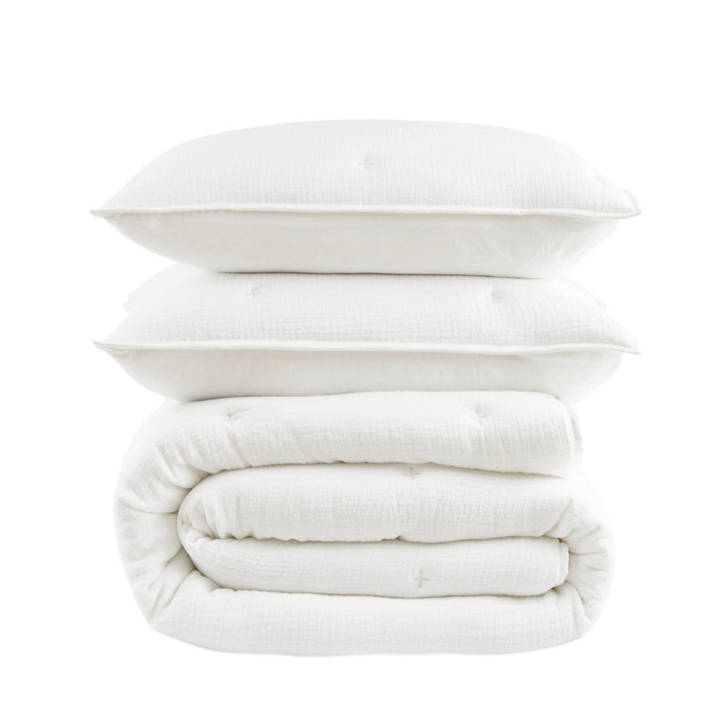 -Piece King Cotton Bedding Sets, White Embroidered Quilt for All Seasons