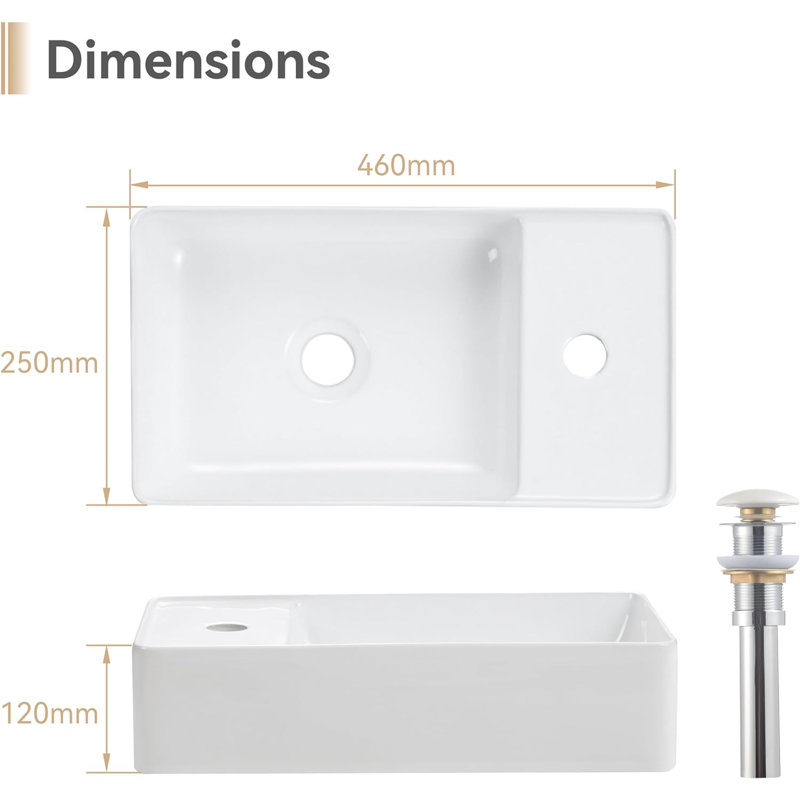 White Ceramic Handmade Rectangular Wall Mount Bathroom Sink