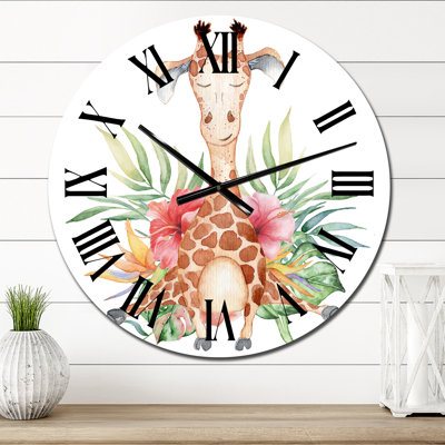Cartoon Giraffe with Tropical Flowers III - Children's Art Wall Clock