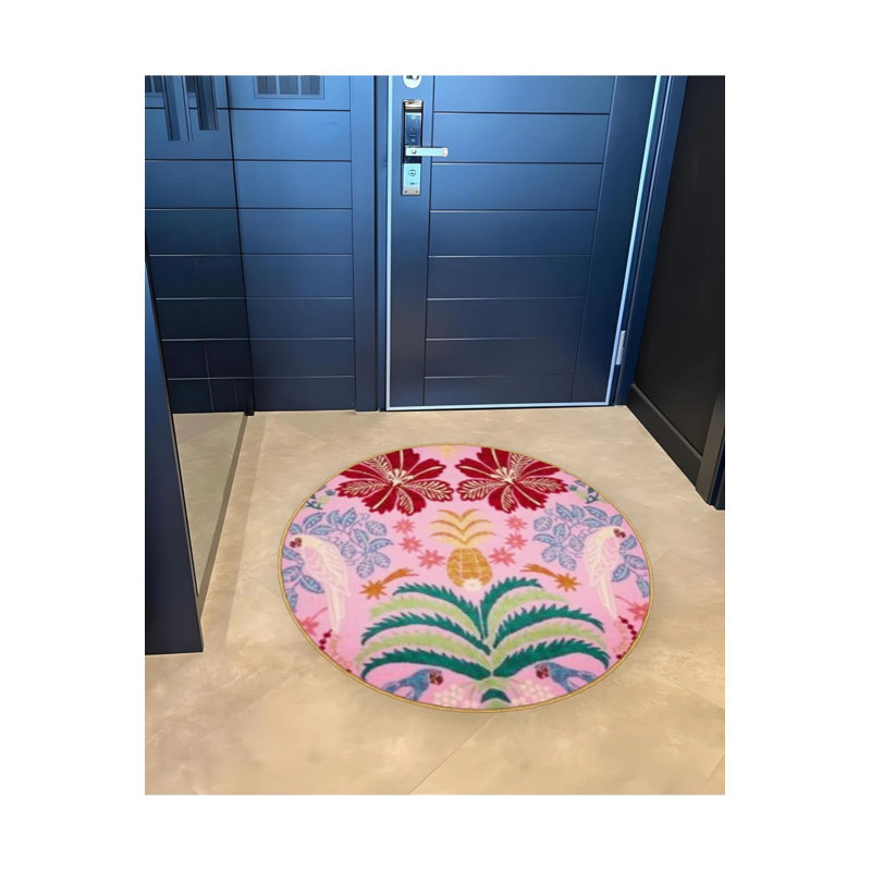 Tapis décoratif rose à motif floral, Rond 3 pi 4 po