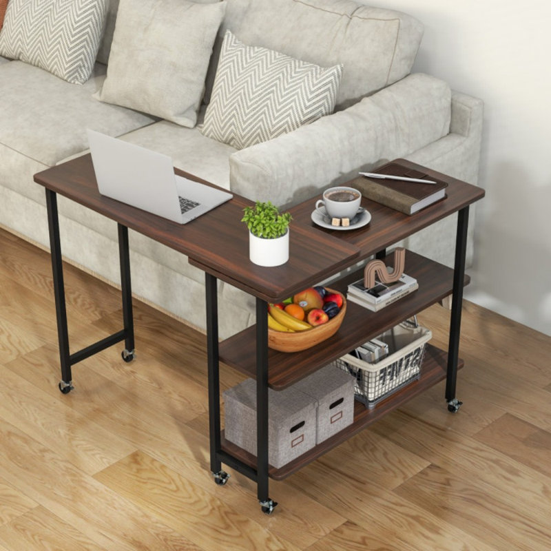 360° Rotating Sofa Side Table With 2-Tier Storage Shelves, Walnut