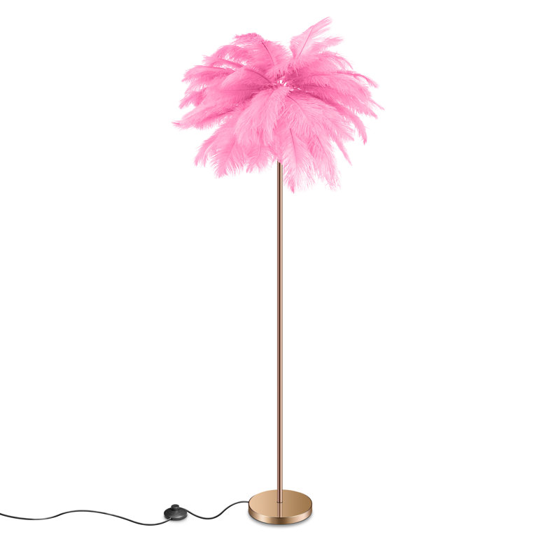 61'' LED Brass Feather Floor Lamp With Outlet, Pink