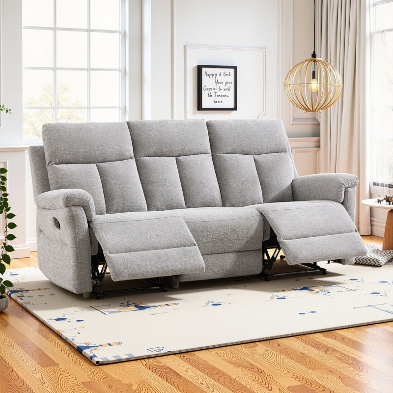 81" Wide Modern Chenille Upholstered Manual Reclining Sofa, Light Gray