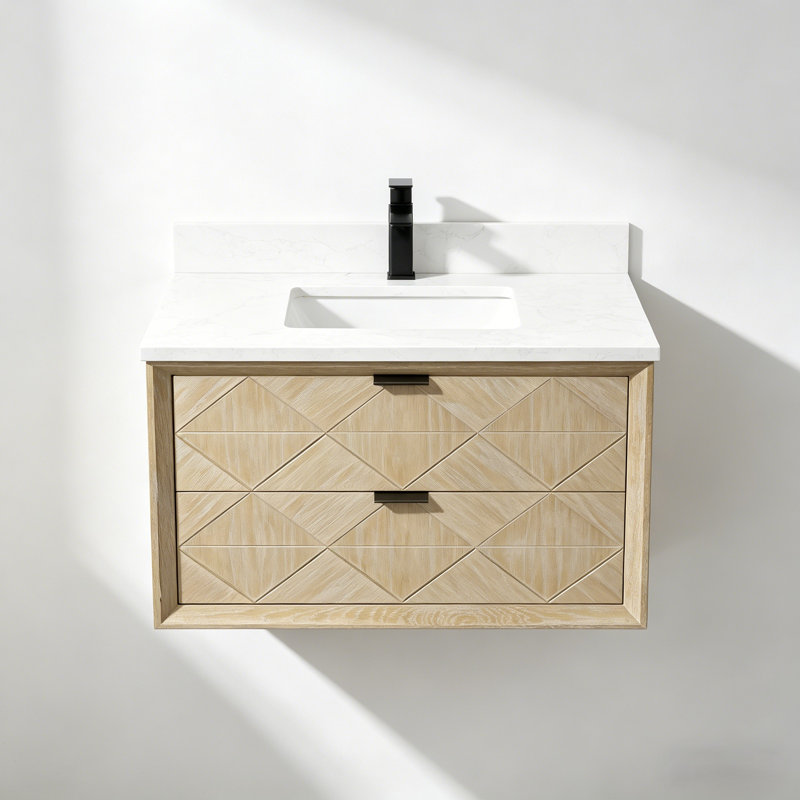 36" Transitional Floating Single Sink Solid Wood Natural Oak Bath Vanity with Engineered Marble Top, White Washed Oak