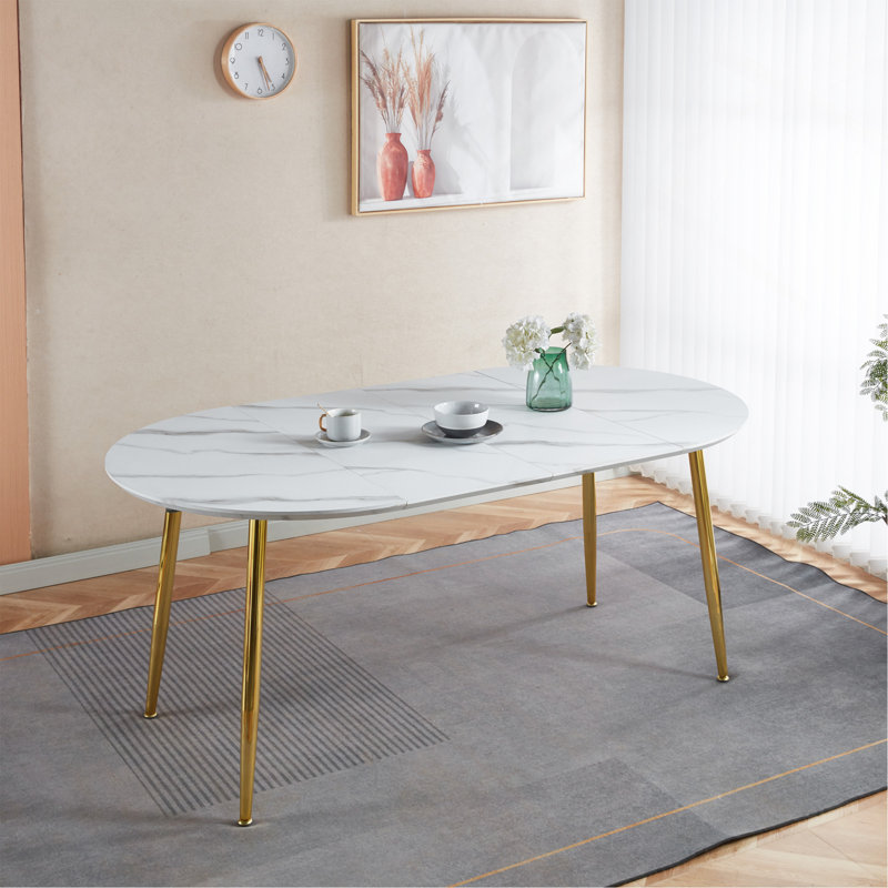 Table extensible, table de salle à manger, pieds en métal, plateau en panneau de fibres à densité moyenne, 100/140 / 180X100x75cm, couleur dorée et blanche