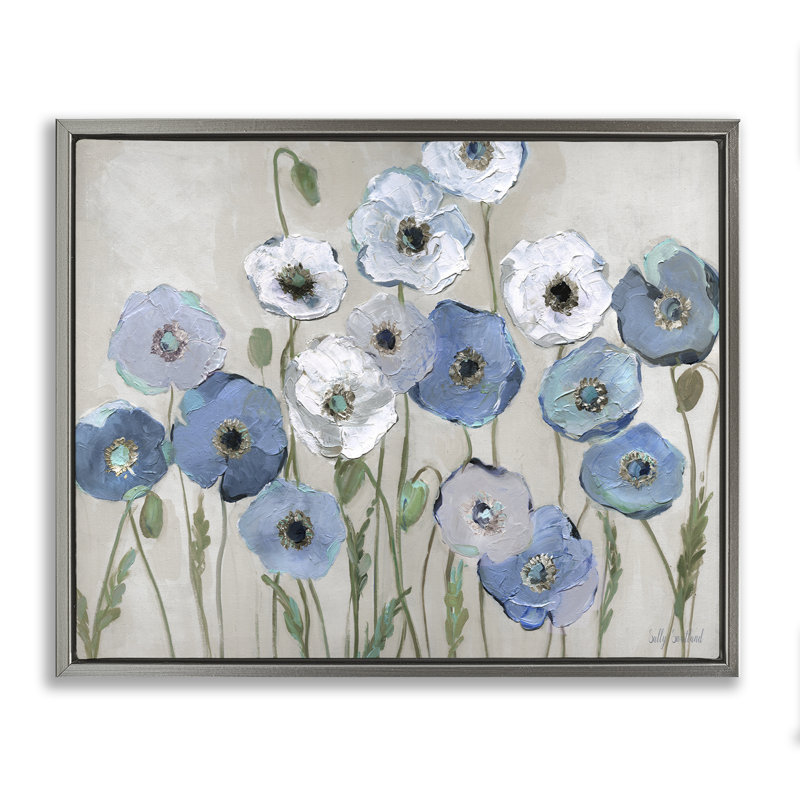 «Round Blue Poppies» par Sally Swatland, H 17 po x l 21 po, Cadre flottant gris lustré