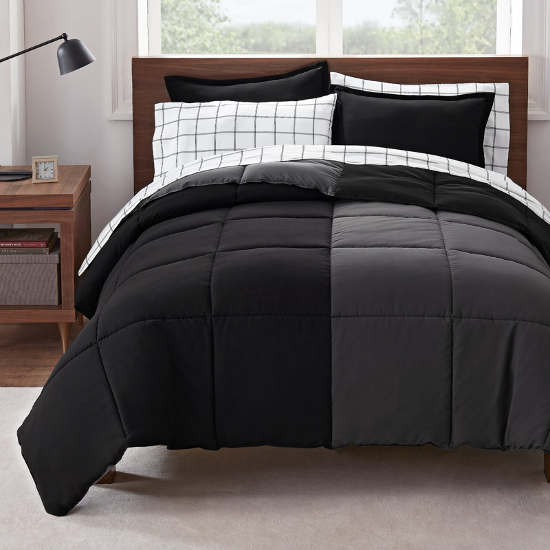 Serta Simply Clean Microfiber Reversible 7 Piece Comforter Set, Black, Twin XL Comforter + 6 Additional Pieces