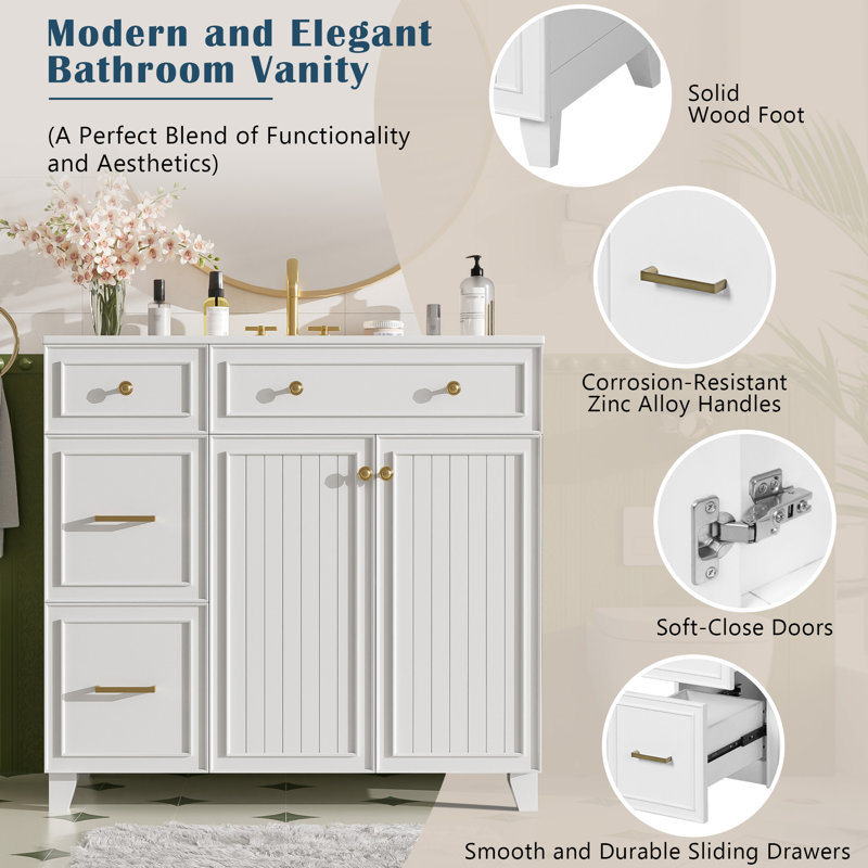 Freestanding Standard Free Standing Single Double Vanity Bathroom Vanity With Ceramic Top, Blanc