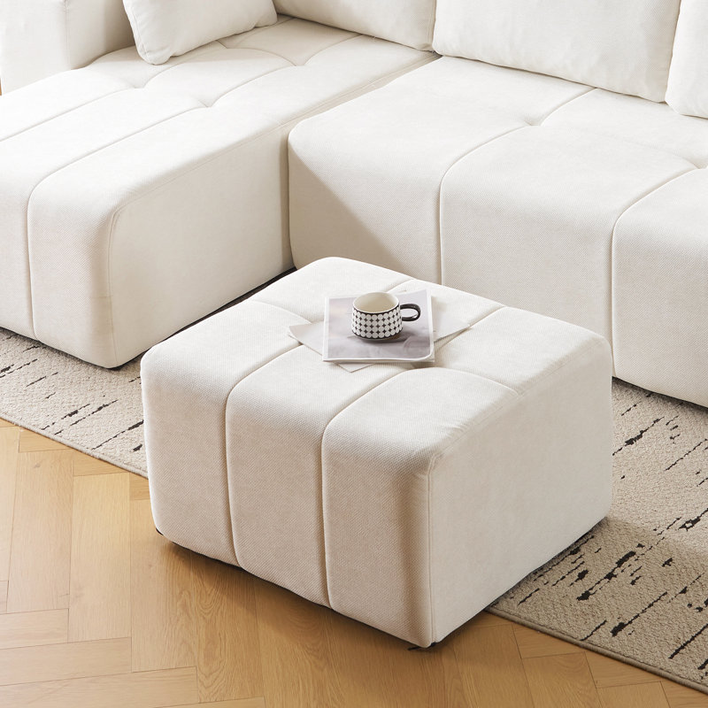 Square Stuffed Pouf Ottoman,Chenille Poufs With Foam Chunk Filling,, Beige