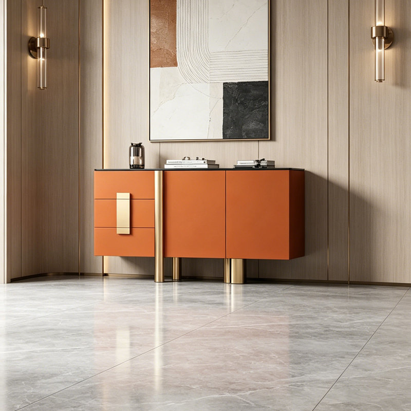 Armoire d'entrée de style italien de luxe, H 35,43 po x l 47,24 po x P 15,75 po, Noir / doré / orange