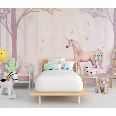 Unicorn Princess Forest Wall Graphics Peel And Stick Girl Room Wallpaper Nursery Self Adhesive Rainbow Nursery Wall Decor Mural (Peel-N-Stick) 896DRS