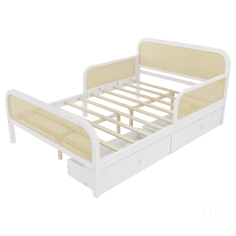 Structure de lit plateforme double avec 2 tiroirs de rangement, lit en rotin pour enfants avec tête et pied de lit, Blanc