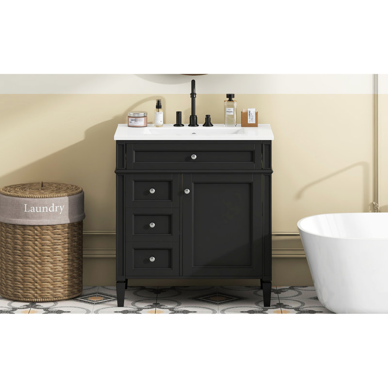 Meuble-lavabo de salle de bain avec lavabo supérieur en céramique, armoire moderne 30 po à 2 tiroirs et tiroir basculant, meuble-lavabo de rangement fonctionnel, lavabo et élégant