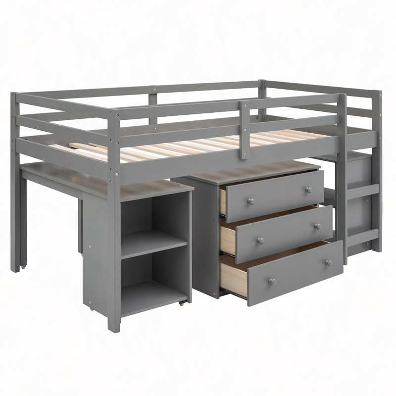 Lit mezzanine basse avec cabinet et bureau portatif à roulettes, Gris