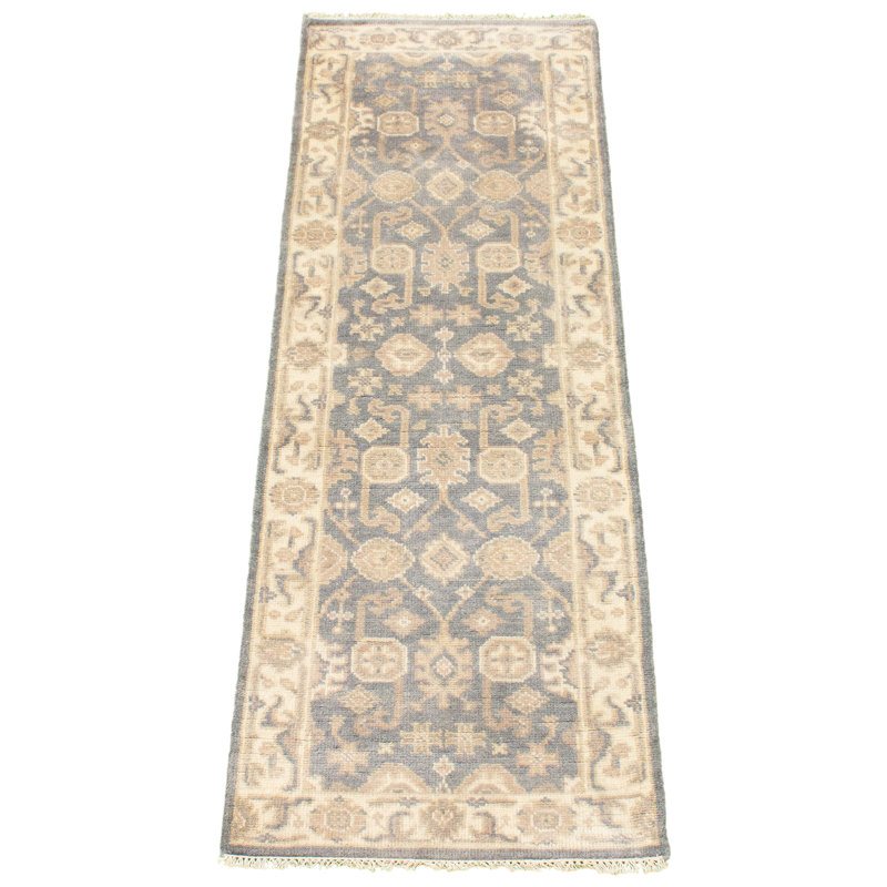 Tapis de couloir gris/beige à motif de laine de noué à la main New Age Ushak gris/beige à motif de Tapis décoratif