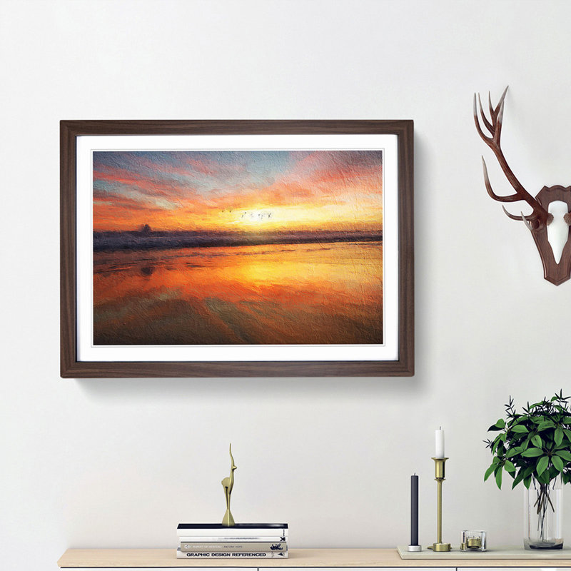 Sunset over San Diego Beach - Picture Frame Painting Print, 27cm H x 36cm W x 2cm D, Walnut Framed