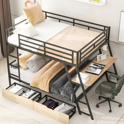 Lit superposé en métal noir avec bureau intégré et 2 tiroirs progressifs - Chambre double pour utilisation