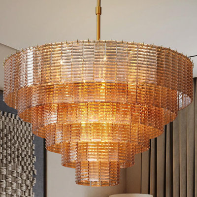 Avicia Modern 18-Lights Tiered Amber Glass Gold Chandelier for Staircases Living Room Hallway Entryway