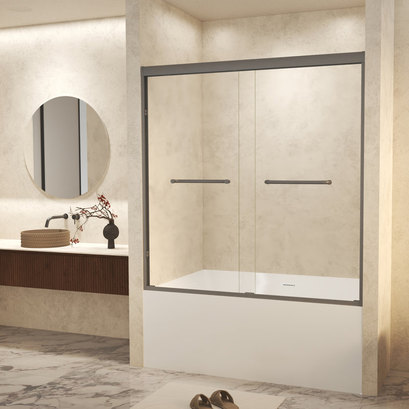 Tempered Glass With Explosion Proof Film, Aluminum Frame Double Sliding Shower Door, "1/4 (6 Mm), Stainless Steel Handle,Gun Ash