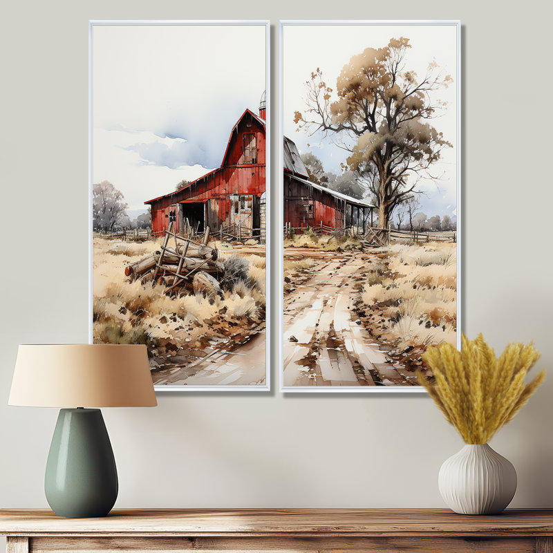 Farmstead Lnadscape III - ensemble de 2 impressions sur toile rouges, H 20 po x l 24 po, Blanc