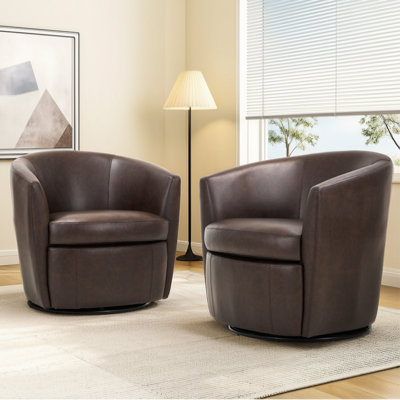 Leather Upholstered Swivel Barrel Chair—No Assembly Required