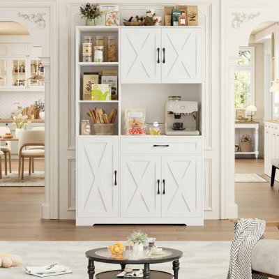 Anitrea 70.9"H Farmhouse Style Kitchen Pantry With Microwave Shelf, Wood Storage Pantry Cabinet With Adjustable Shelf & Center Drawer, White